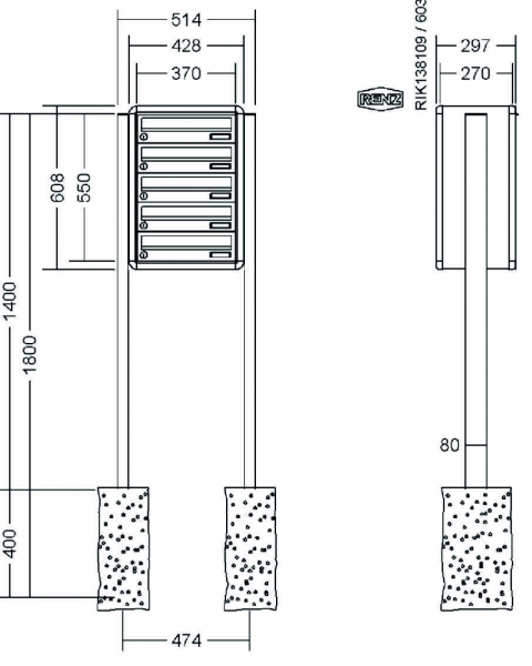 RENZ Briefkastenanlage freistehend, RS4000, Kastenformat 370x110x270mm, 5-teilig, zum Einbetonieren